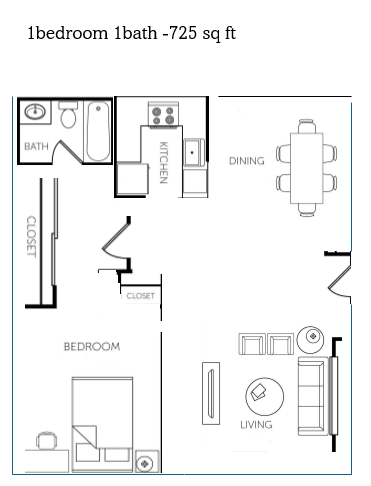 Floor plan for 1 bed, 1 bath, 725 sqft